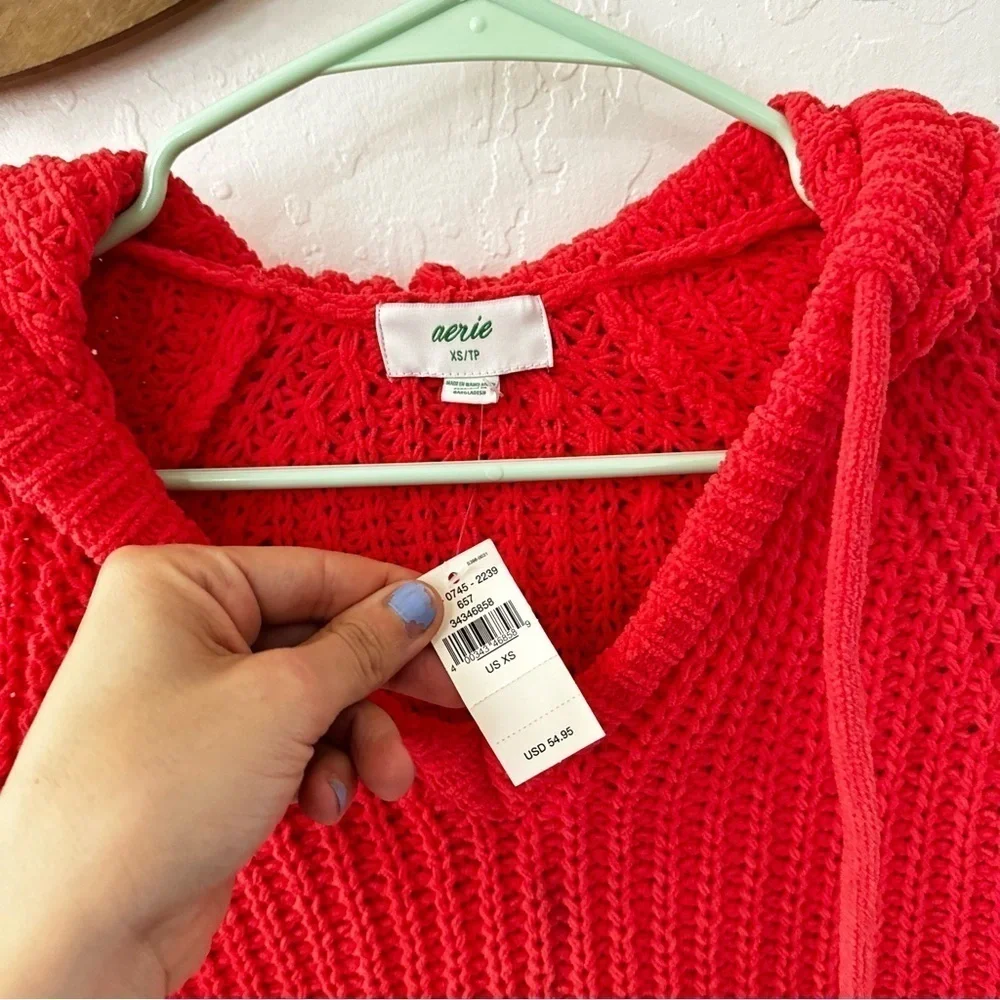 Aerie PINK Chenille Chunky Knit Pullover Sweater Hood Drawstring XS - Picture 4 of 8